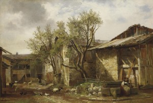 Ferme avec paysanne et animaux